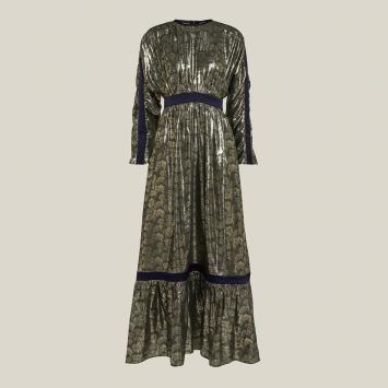 Pre Owned LAYEUR Green Amos Ruffled Hem Metallic Silk-Blend Dress FR 44