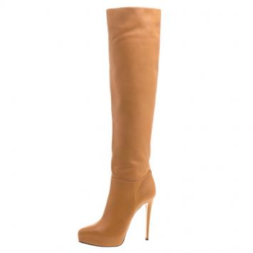 Pre Owned Le Silla Caramel Brown Leather Over The Knee Boots Size 37.5