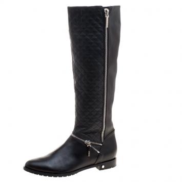 Pre Owned Le Silla Black Quilted Leather Zip Detail Biker Boots Size 41