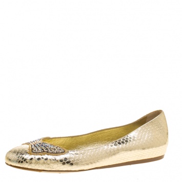 Pre Owned Le Silla Metallic Gold Snake Embossed Leather Butterfly Crystal Embellished Motif Ballet Flats Size 36