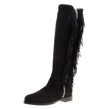 Pre Owned Le Silla Black Suede Fringe Trim Knee Length Boots Size 37.5
