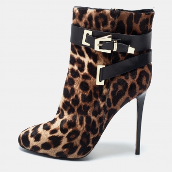 Pre Owned Le Silla Brown Leopard Printed Calf Hair Ankle Boots Size 40