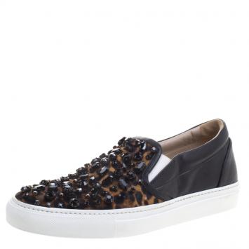 Pre Owned Le Silla Black Leopard Print Pony Hair Jaguar Crystal Embellished Slip On Sneakers Size 41