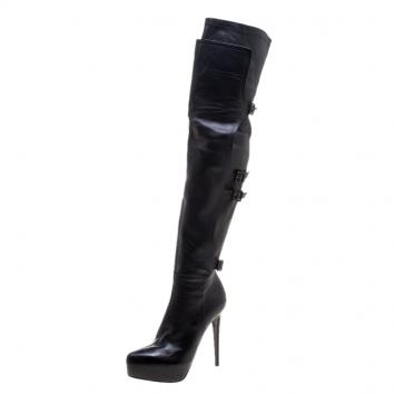 Pre Owned Le Silla Black Stretch Nappa Leather Over The Knee Platform Boots Size 38.5