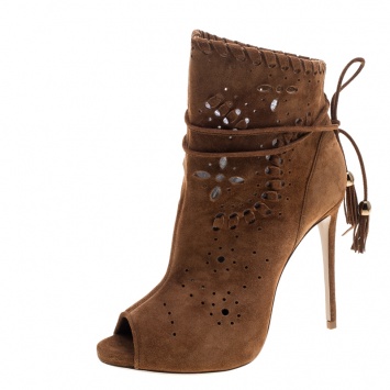 Pre Owned Le Silla Tan Suede Laser Cut Peep Toe Ankle Boots Size 36