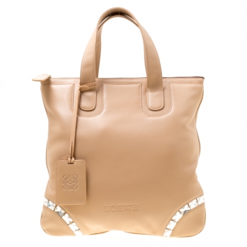 Pre Owned Loewe Beige Leather Crystal Embellished Tote
