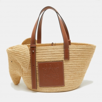 Pre Owned Loewe Brown/Natural Palm Leaf and Leather Elephant Basket Tote