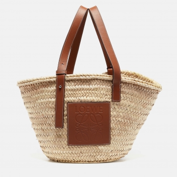 Pre Owned Loewe Beige/Brown Raffia and Leather Basket Tote
