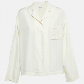 Pre Owned Loewe Cream Logo Embroidered Silk Anagram Shirt L