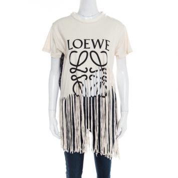 Pre Owned Loewe Cream Cotton and Silk Slub Jersey Logo Print Fringed T-Shirt L