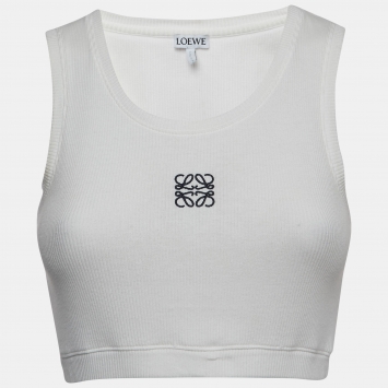 Pre Owned Loewe White Ribbed Knit Anagram Crop Top S