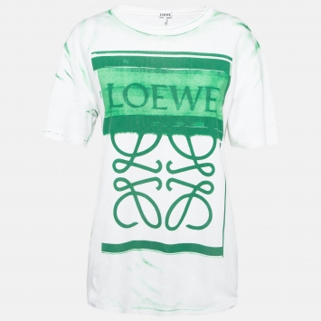 Pre Owned Loewe White/Green Anagram Print Cotton Knit Crew Neck T-Shirt M