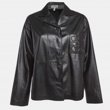 Pre Owned Loewe Black Leather Anagram Detail Shirt S