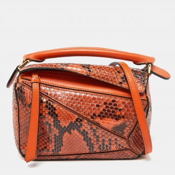 Pre Owned Loewe Orange/Black Python and Leather Mini Puzzle Shoulder Bag