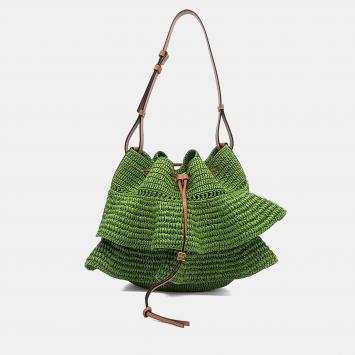 Pre Owned Loewe Balloon Green/Brown Raffia Drawstring Bag