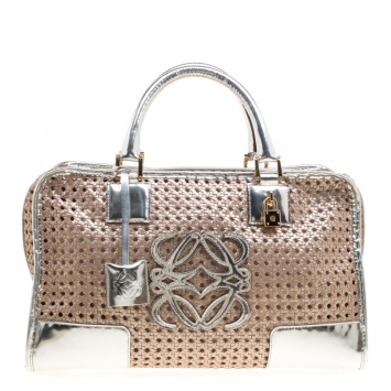 Pre Owned Loewe Metallic Peach/Silver Woven Leather Limited Edition Amazona Woven Bag