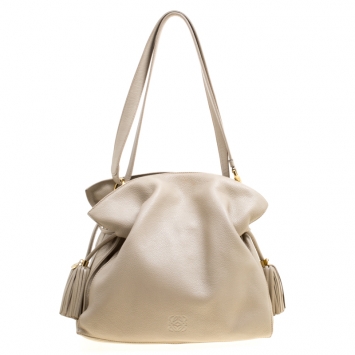 Pre Owned Loewe Light Beige Leather Tassel Shoulder Bag
