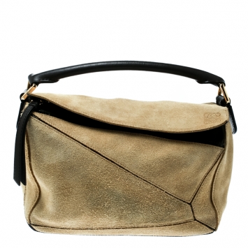 Pre Owned Loewe Beige Suede and Leather Puzzle Shoulder Bag