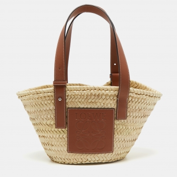 Pre Owned Loewe Beige/Brown Woven Raffia and Leather Small Tote