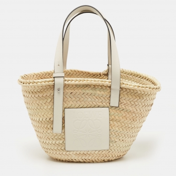 Pre Owned  Loewe Beige/White Woven Raffia and Leather Basket Bag