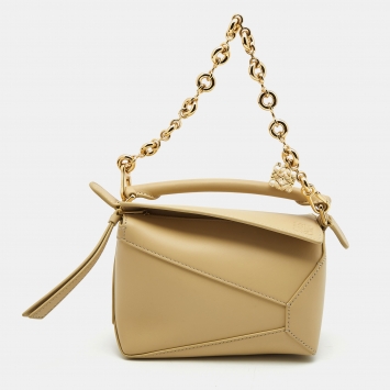 Pre Owned Loewe Cream Leather Mini Puzzle Top Handle Bag
