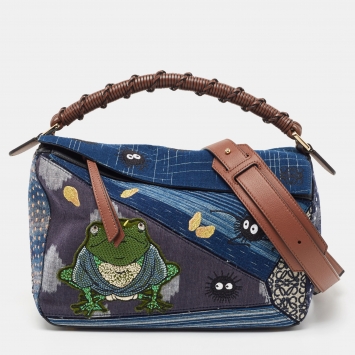 Pre Owned Loewe x Spirited Away Multicolor Denim And Leather Medium Puzzle Shoulder Bag