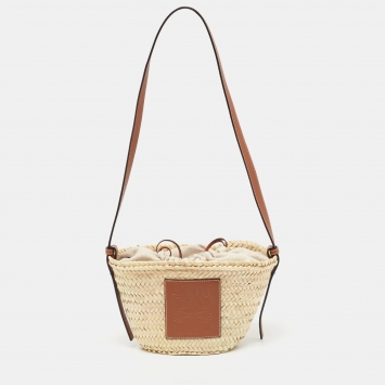 Pre Owned Loewe Beige/Tan Raffia and Leather Basket Shoulder Bag
