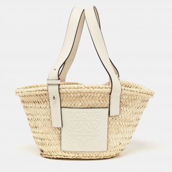 Pre Owned Loewe White/Cream Woven Raffia and Leather Anagram Basket Bag