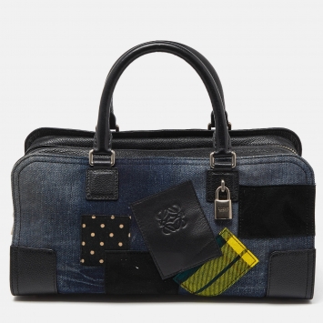 Pre Owned Loewe x Junya Watanabe Multicolor Leather,Denim and Suede Amazona 35 Patchwork Bag