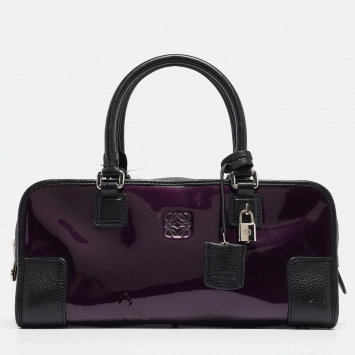 Pre Owned Loewe Purple/Black Patent Leather Amazona 36 Satchel