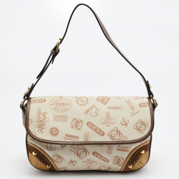 Pre Owned Loewe Beige/Brown Printed Canvas and Leather Shoulder Bag