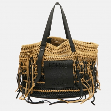 Pre Owned Loewe Black/Beige Suede and Leather Anagram Woven Fringe Tote