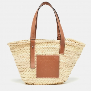 Pre Owned Loewe Beige/Brown Raffia and Leather Basket Tote