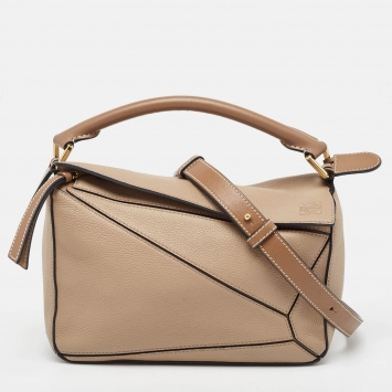مملوكة مسبقًا Loewe Beige/Brown Leather Small Puzzle Shoulder Bag