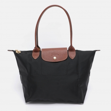 Longchamp Black/Brown Nylon and Leather Small Le Pliage Tote