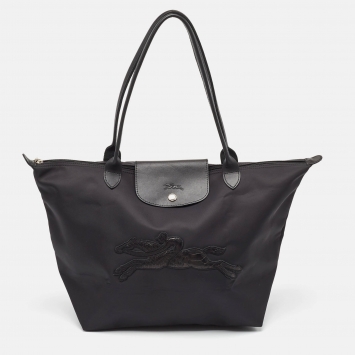 Pre Owned Longchamp Black Nylon and Leather Large Le Pliage Tote