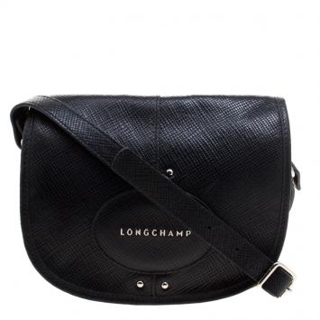 Pre Owned Longchamp Black Textured Leather Quadri Crossbody Bag