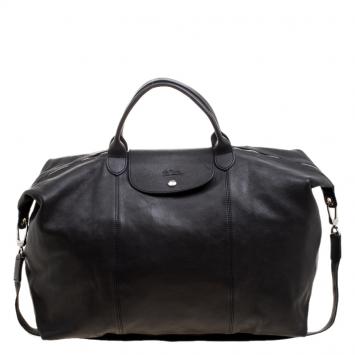 Pre Owned Long Champ Black Leather Oversize Le Pliage Tote