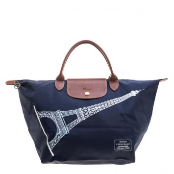Pre Owned Longchamp Navy Blue Paris Print Nylon Medium Le Pliage Tote