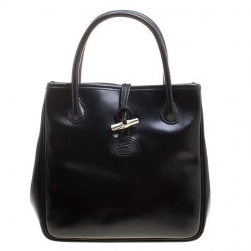 Pre Owned Longchamp Black Leather Mini Roseau Tote