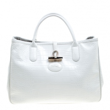 Pre Owned Longchamp White Glaze Croc Embossed Leather Roseau Tote