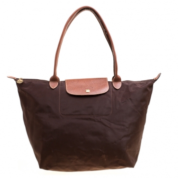Pre Owned Longchamp Brown Nylon and Leather Medium Le Pliage Tote