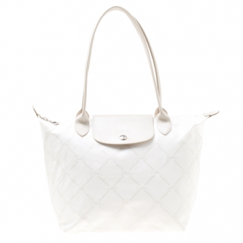 Pre Owned Longchamp White/Light Gold Logo Printed Coated Canvas Le Pliage Tote