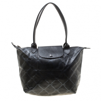 Pre Owned Longchamp Black Coated Fabric and Leather Le Pliage Tote
