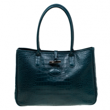 Pre Owned Longchamp Green Croc Embossed Leather Roseau Tote