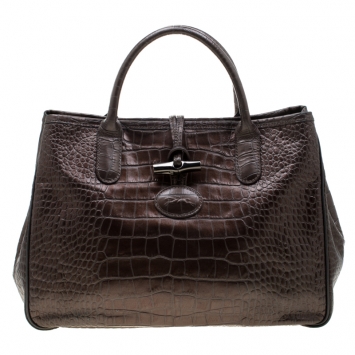 Pre Owned Longchamp Metallic Brown Croc Embossed Leather Roseau Tote