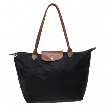 Pre Owned Longchamp Black Nylon and Leather Medium Le Pliage Tote