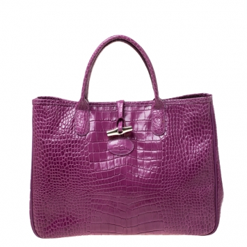 Pre Owned Longchamp Purple Croc Embossed Leather Roseau Tote