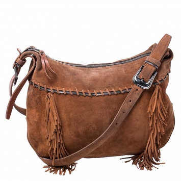Pre Owned Longchamp Brown Suede Fringed Zipper Trim Hobo Bag