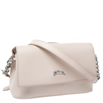 Pre Owned Longchamp Light Beige Leather Flap Crossbody Bag